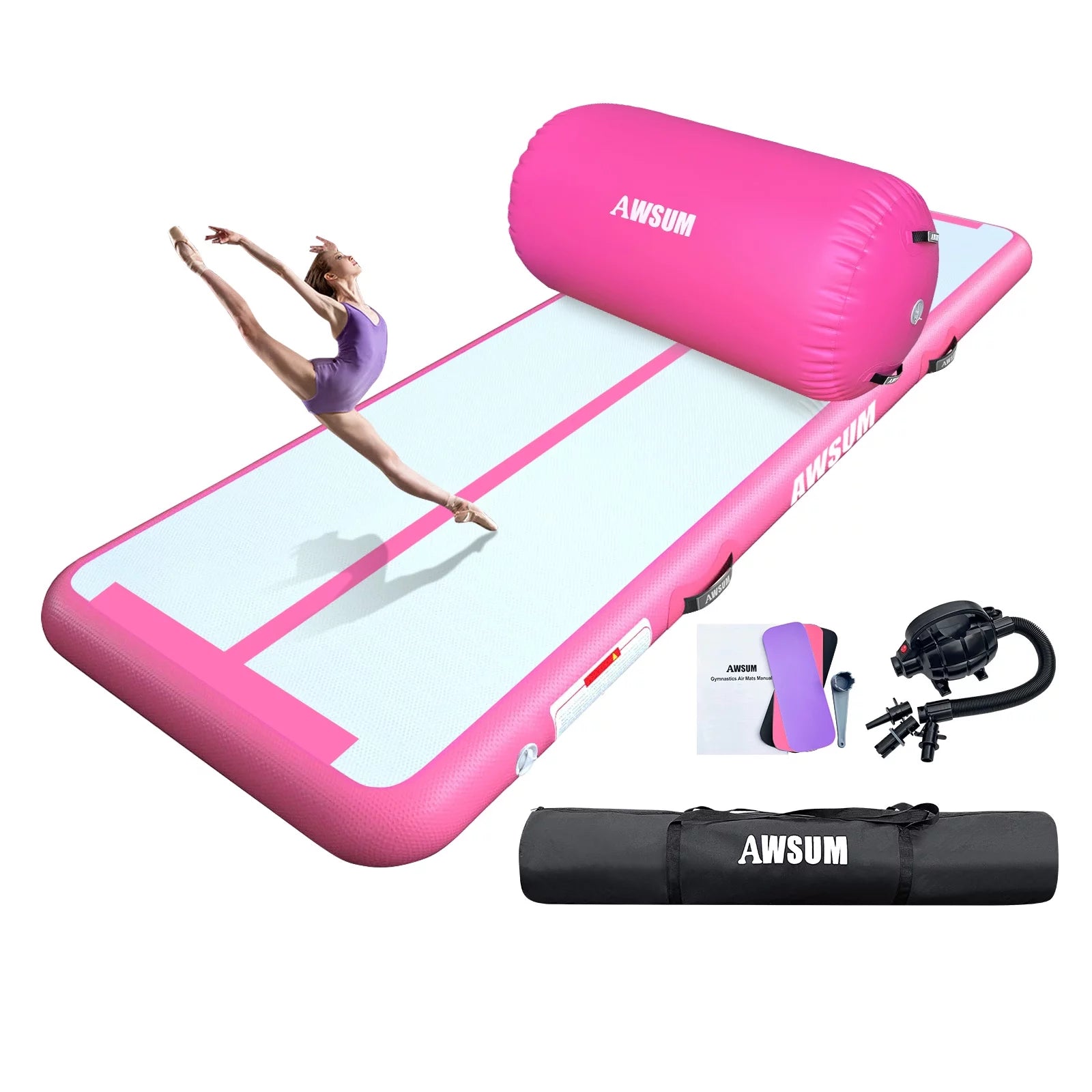 2025 AWSUM Inflatable Air Gymnastics Mat 10 ft 13 ft 16 ft Training mat 4 inches Thick tumble track Air Roller with Electric Pump for Home/Gym