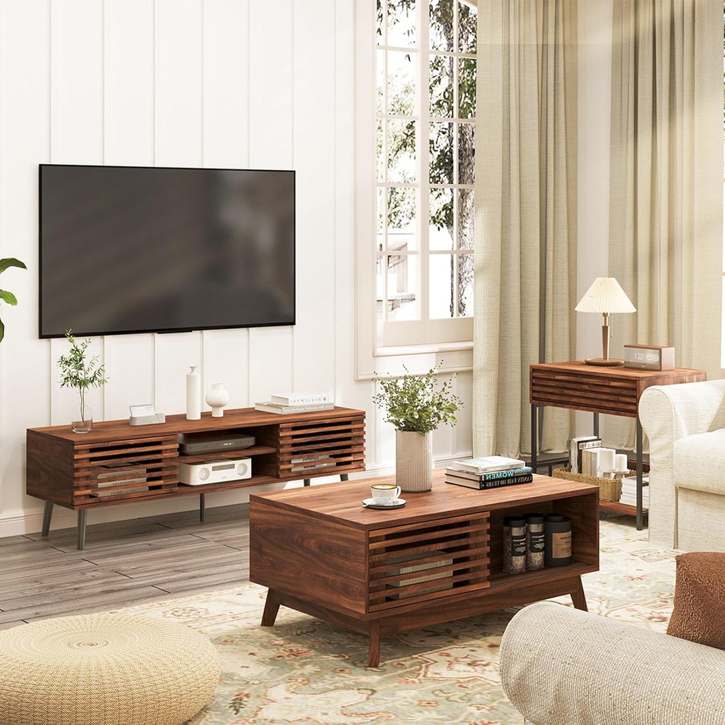 Lift Top Coffee Table with Sliding Storage Compartment – Mid-Century Modern Walnut Center Table, Rectangular Fluted Design, 35.4