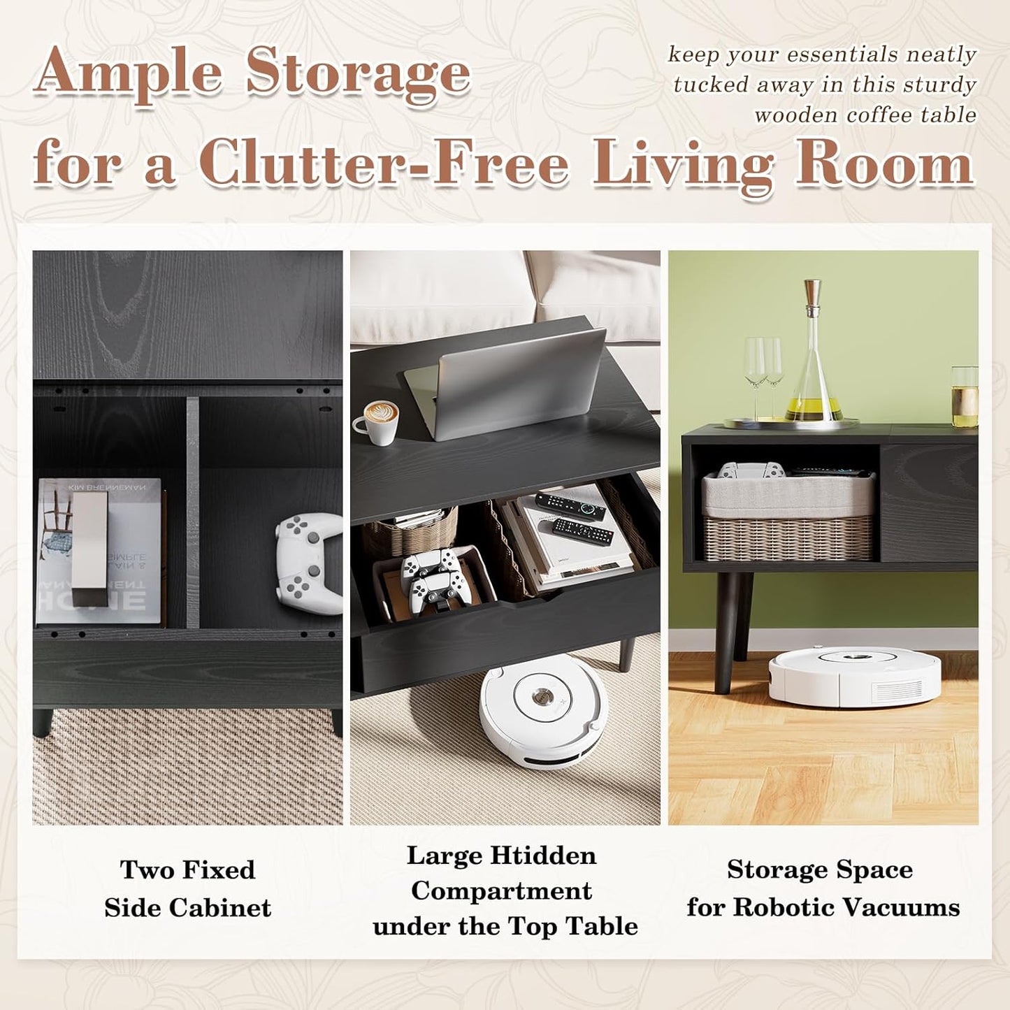 Lift Top Coffee Table with Hidden Storage Compartment and Large Lower Shelf – Modern Multifunctional Center Table for Living Room or Office, Black