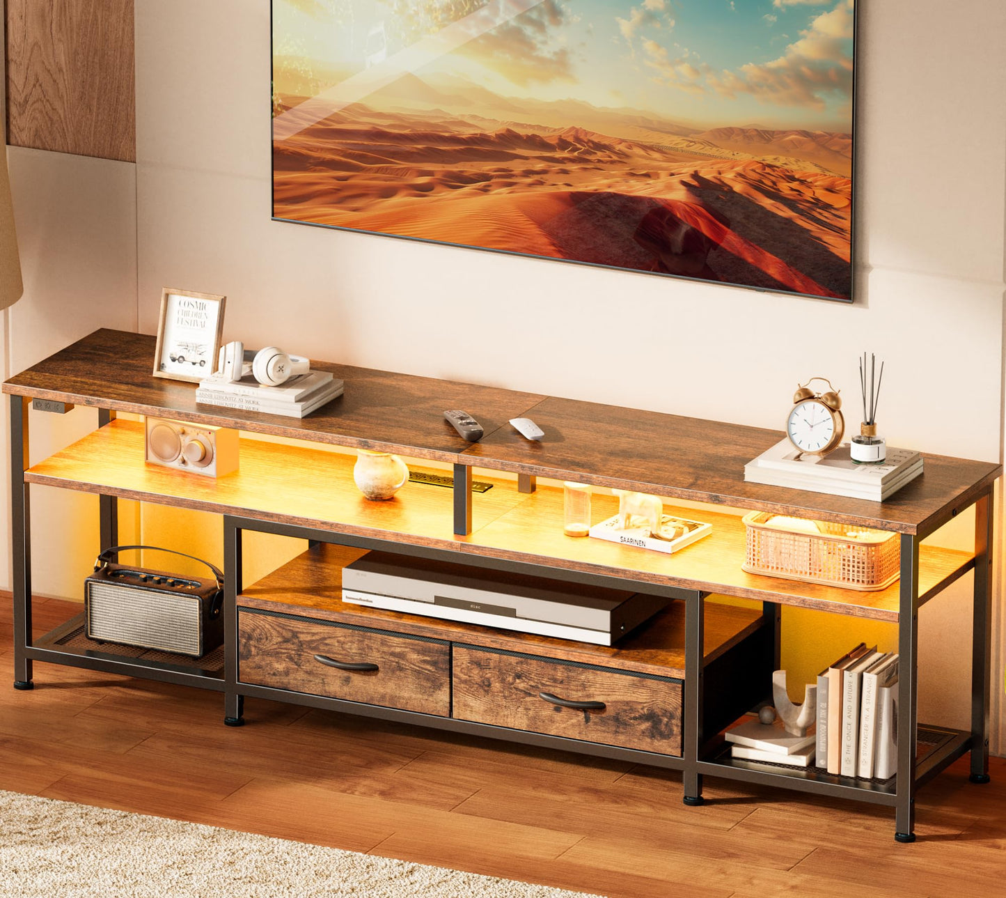 65-70 Inch Modern TV Stand with Drawers, Shelves, LED Lights & Built-In Power Outlets – Media Console for Living Room