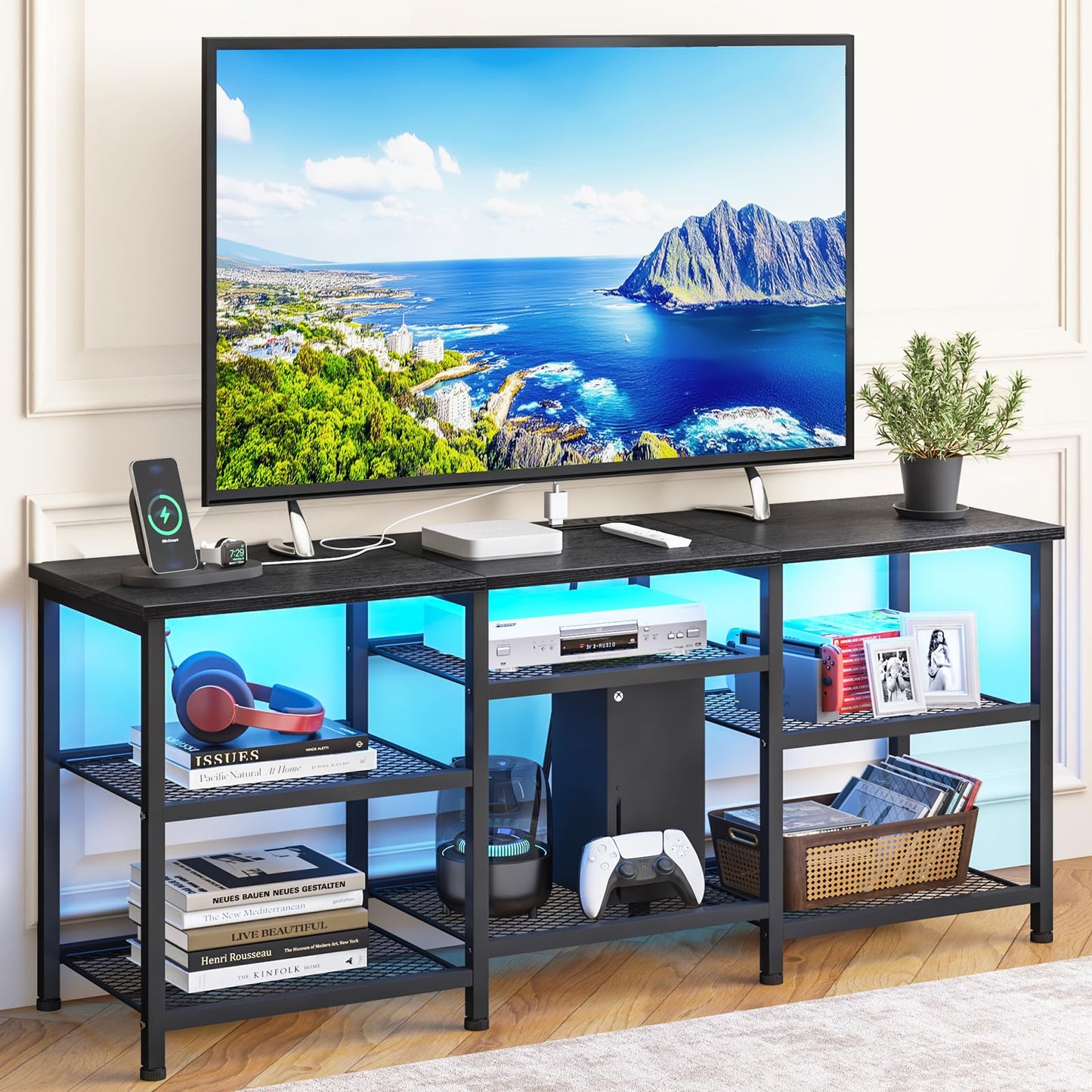 Rustic Brown TV Stand for 55-Inch TVs – Media Console with Adjustable Shelves, LED Lights & Built-In Power Outlets