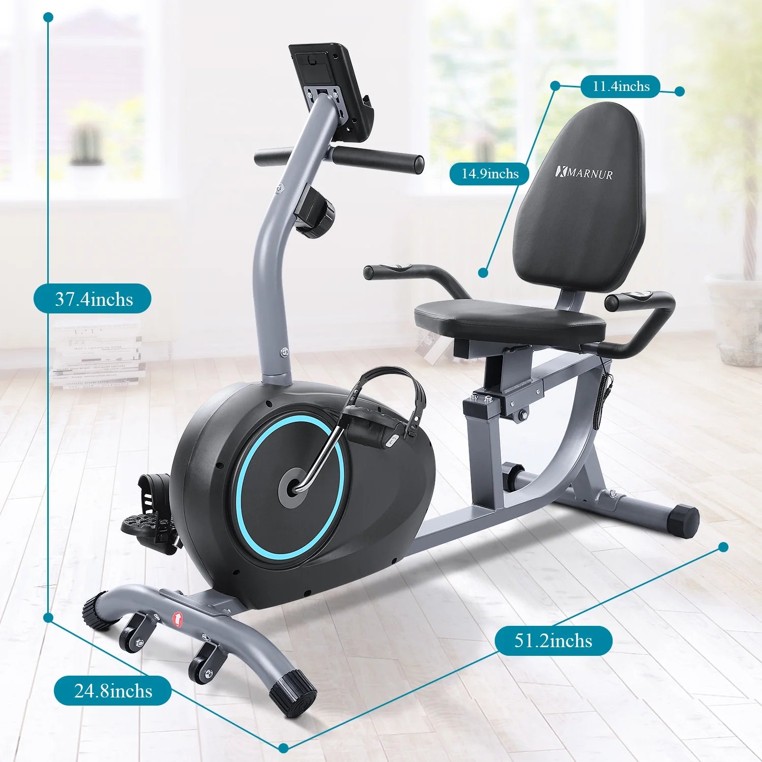 2025 MARNUR Recumbent Exercise Bike with 8 Levels Adjustable Resistance, LCD Monitor, Pad Holder, Wheels