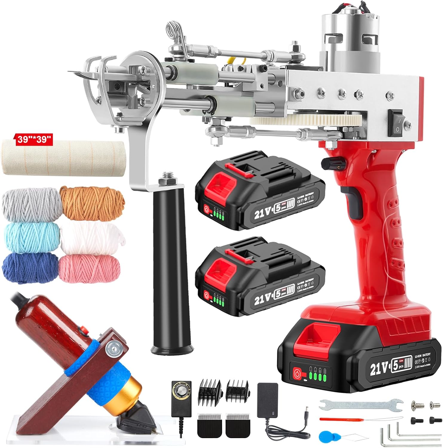 2023-Cordless-Rug-Tufting-Gun-Kit with Carpet Trimmer- Tufting-Gun-Starter-Kit-with 2pcs 4.0Ah Batteries，2 in 1 Cut Loop Pile Tufting Gun with Tufting Shears, Carpet Gun Cloth Yarn（Light Red）