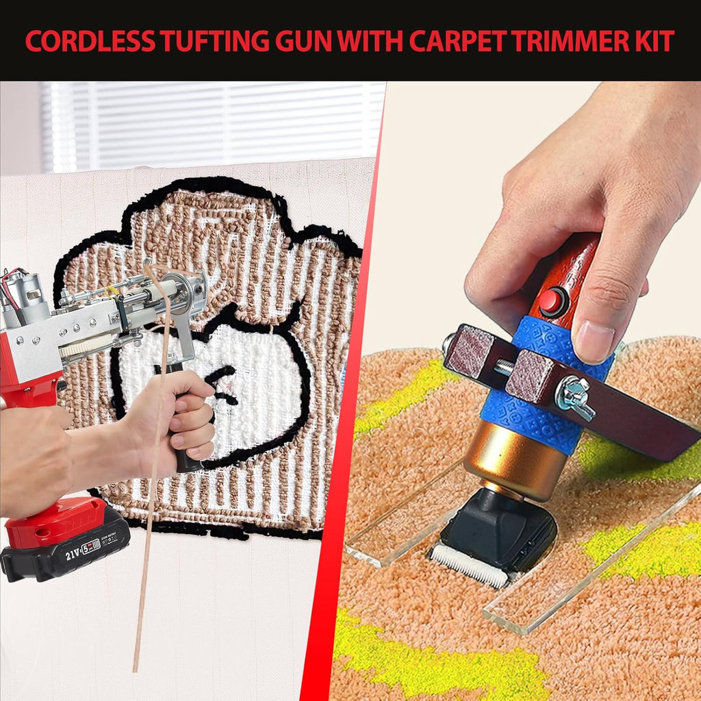 2023-Cordless-Rug-Tufting-Gun-Kit with Carpet Trimmer- Tufting-Gun-Starter-Kit-with 2pcs 4.0Ah Batteries，2 in 1 Cut Loop Pile Tufting Gun with Tufting Shears, Carpet Gun Cloth Yarn（Light Red）