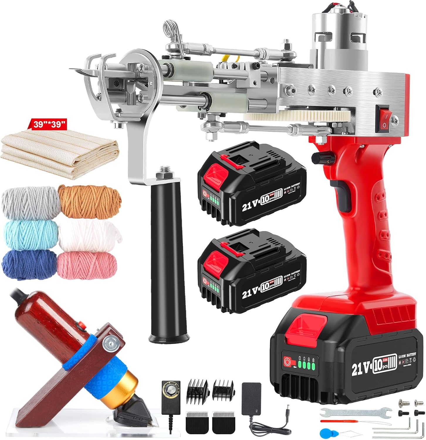 2023-Cordless-Rug-Tufting-Gun-Kit with Carpet Trimmer- Tufting-Gun-Starter-Kit-with 2pcs 4.0Ah Batteries，2 in 1 Cut Loop Pile Tufting Gun with Tufting Shears, Carpet Gun Cloth Yarn（Light Red）