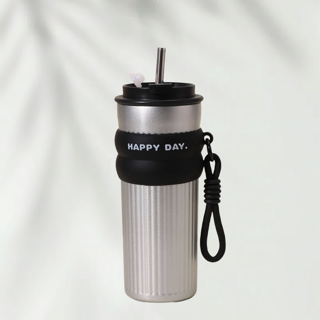 Trinkflasche mit Strohhalm – Silber