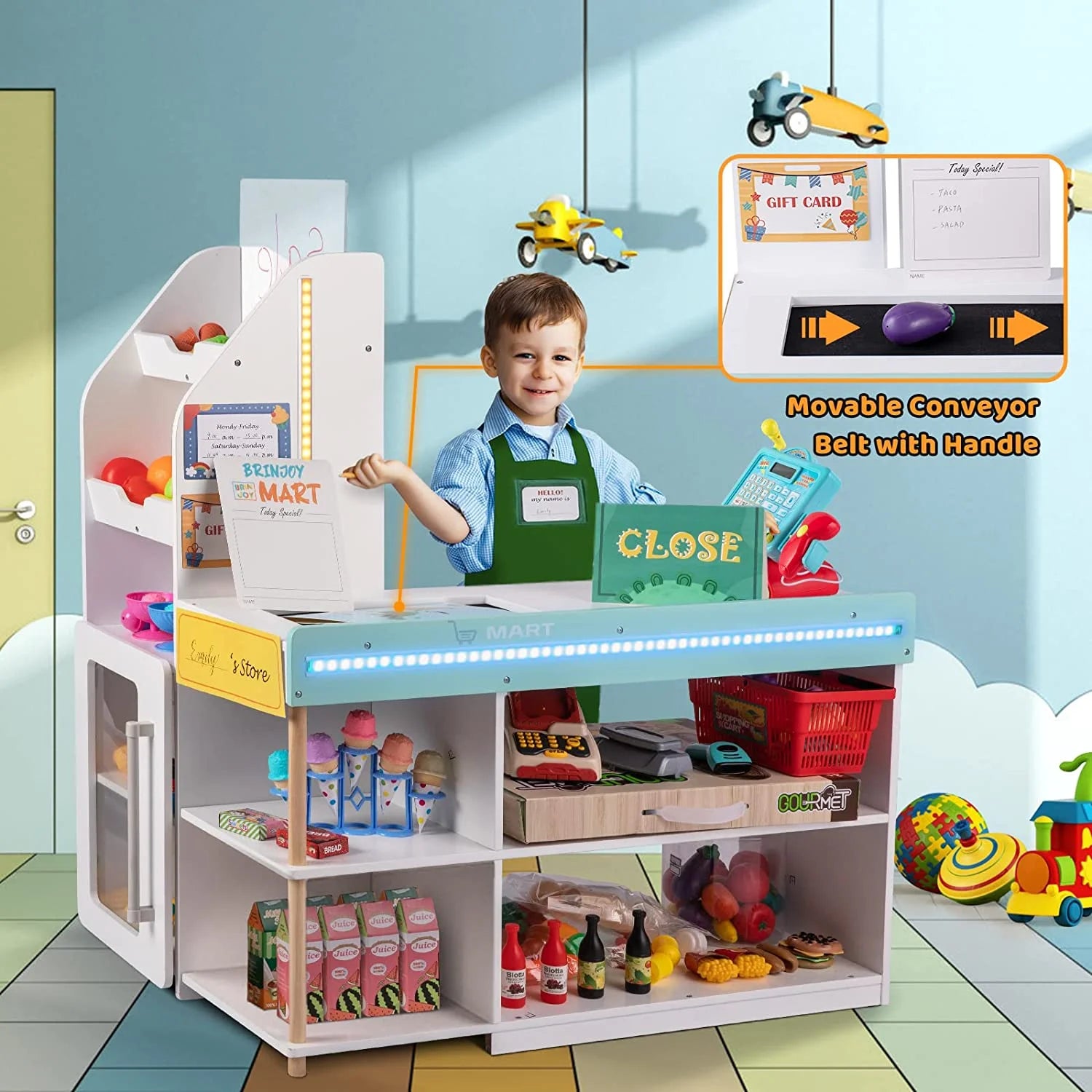 BRINJOY Grocery Store Pretend Play, Kids Play Store Wooden Market Stand with LED Lights&Acrylic Sheet, Supermarket Toy Includes Shopping Bag, Apron, Coupons, Cards for Children