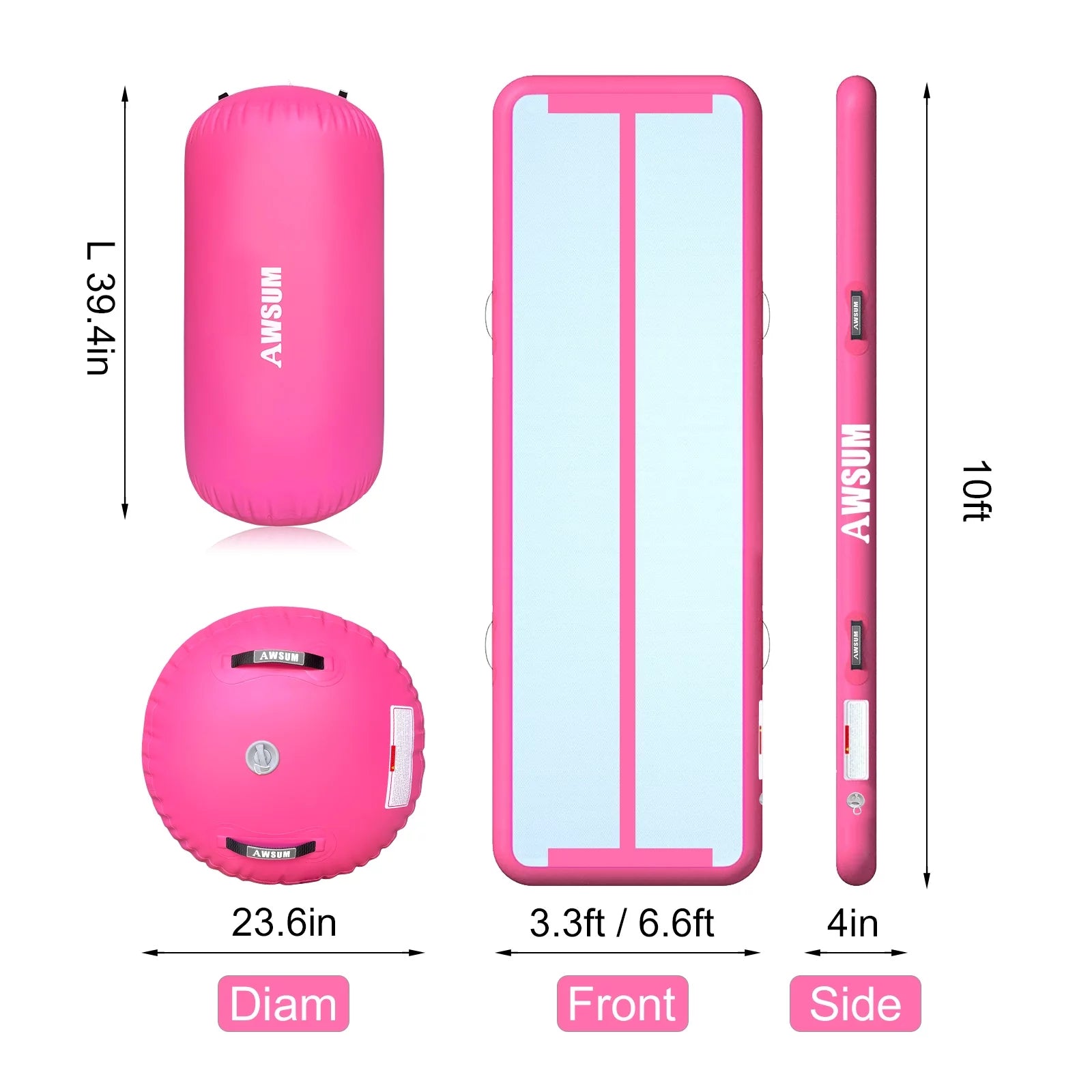 2025 AWSUM Inflatable Air Gymnastics Mat 10 ft 13 ft 16 ft Training mat 4 inches Thick tumble track Air Roller with Electric Pump for Home/Gym