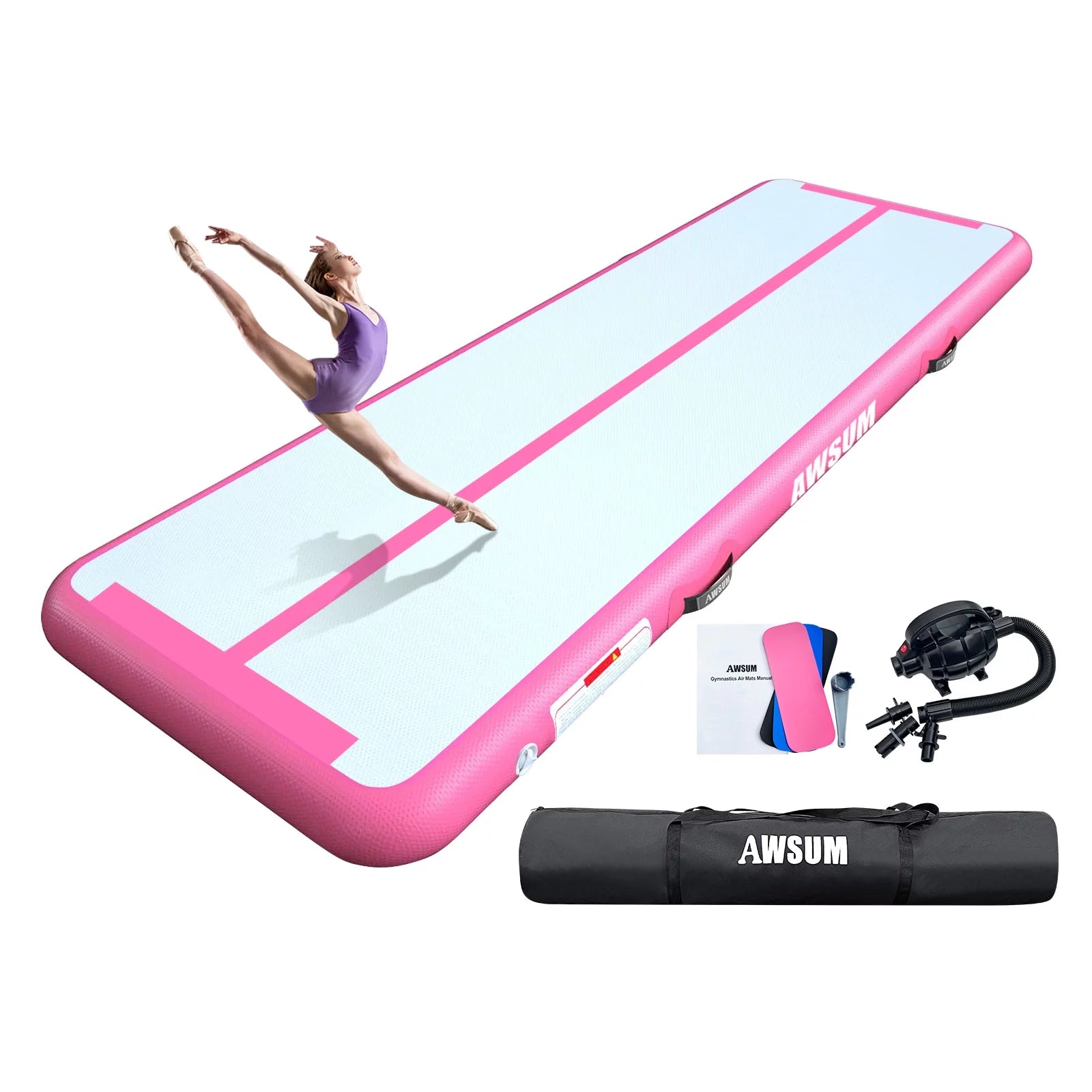 2025 AWSUM Inflatable Air Gymnastics Mat 10 ft 13 ft 16 ft Training mat 4 inches Thick tumble track Air Roller with Electric Pump for Home/Gym