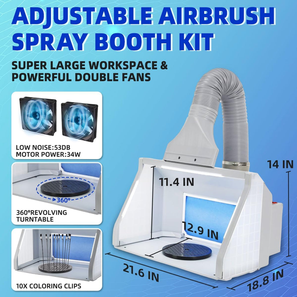 Dual Fans Airbrush Spray Booth Kit, Adjustable Airbrush Paint Booth with 3 Led Lights,White Photography Paper, 10x Coloring Clips, 30x Speed Shape Vinyl Car for Hobby, Model Car, Craft Painting