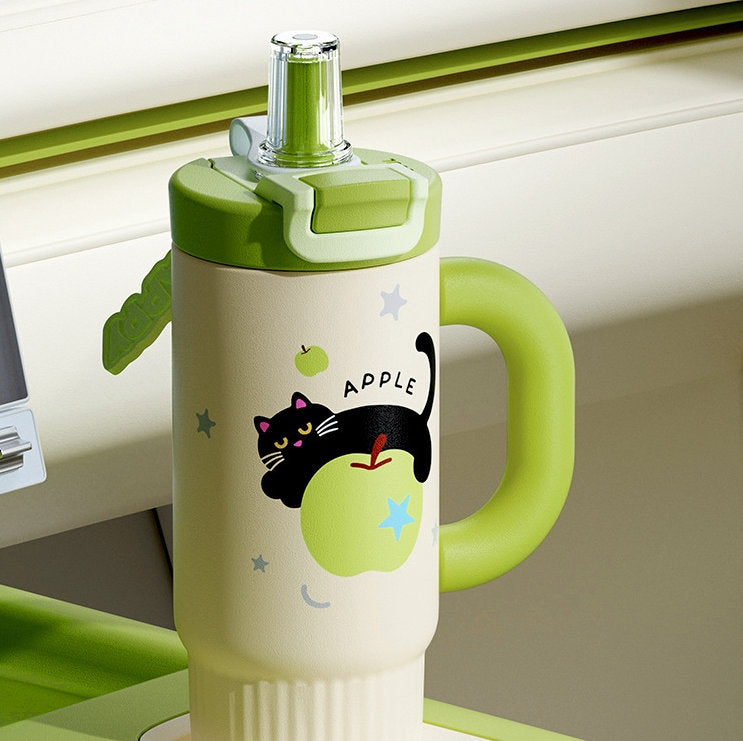 Thermobecher 300oz mit Strohhalm – Apfel-Katze Grün