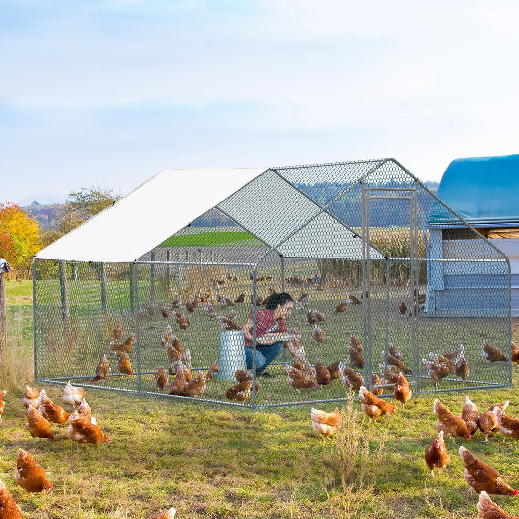 10 x 10 ft Large Metal Chicken Coop, Walk-in Poultry Cage Chicken Hen Run House with Waterproof Cover, Rabbits Cats Dogs Farm Pen for Outdoor Backyard Farm Garden