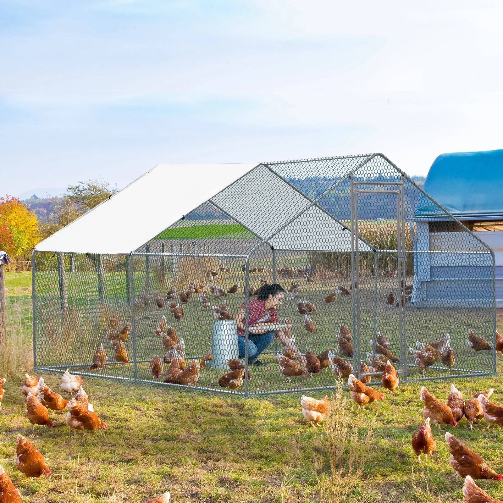 10 x 10 ft Large Metal Chicken Coop, Walk-in Poultry Cage Chicken Hen Run House with Waterproof Cover, Rabbits Cats Dogs Farm Pen for Outdoor Backyard Farm Garden