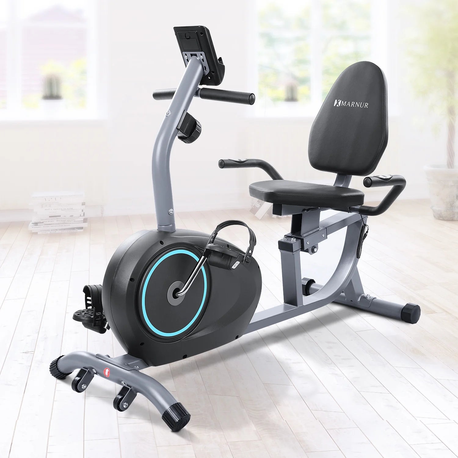 2025 MARNUR Recumbent Exercise Bike with 8 Levels Adjustable Resistance, LCD Monitor, Pad Holder, Wheels