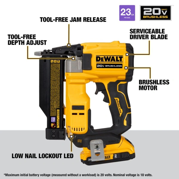 2025 DeWalt ATOMIC 20V MAX Brushless Cordless Pin Nailer Kit – 23-Gauge, 5/8" to 1-1/2" Nails