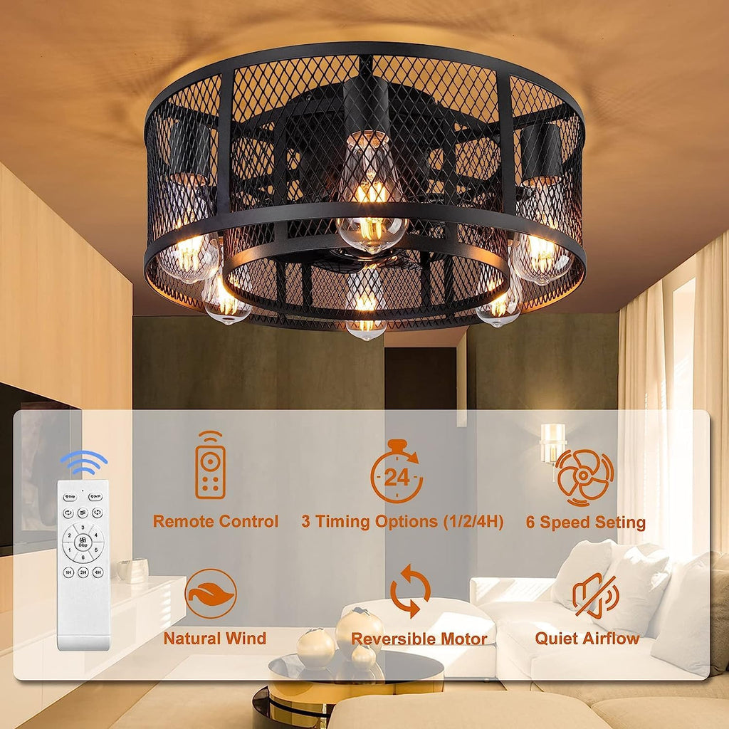 21 Inch Farmhouse Low Profile Ceiling Fan with Light Remote Control, Flush Mount Bladeless Ceiling Fan Lighting Fixture for Bedroom Living Room Kitchen Brown