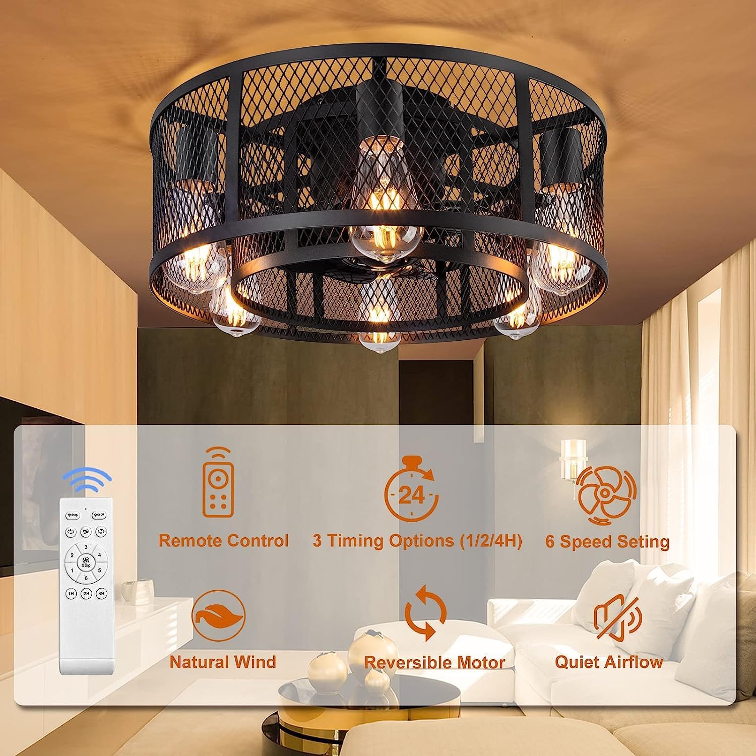 21 Inch Farmhouse Low Profile Ceiling Fan with Light Remote Control, Flush Mount Bladeless Ceiling Fan Lighting Fixture for Bedroom Living Room Kitchen Brown