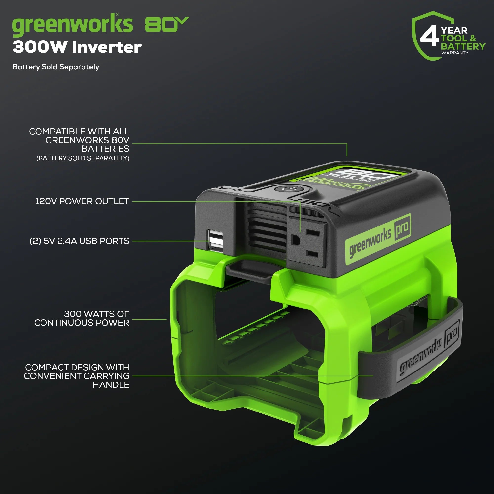 2025 80V Cordless Battery 300 Watt Power Inverter (Tool Only)
