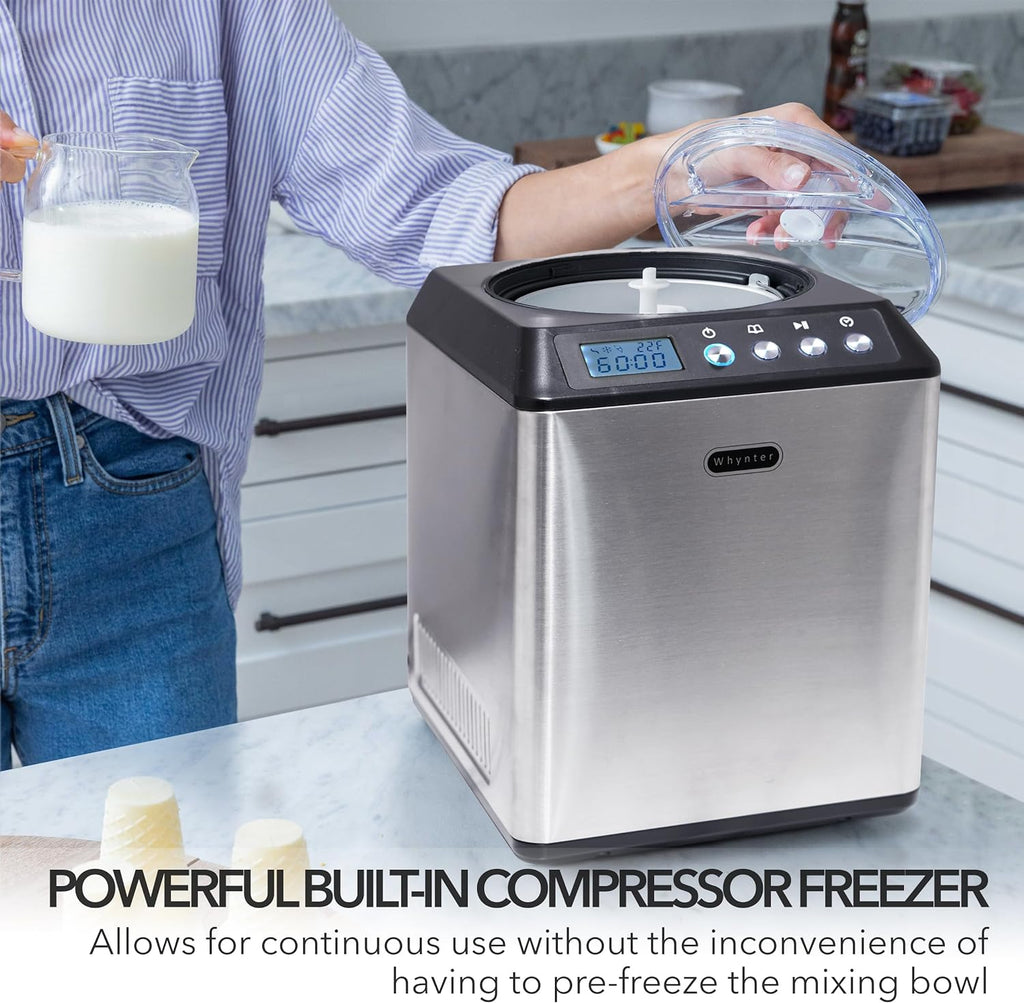 Automatic Ice Cream Maker 1.6 Quart Capacity Stainless Steel, with Built-in Compressor, no pre-Freezing, LCD Digital Display, Timer, One Size, Black