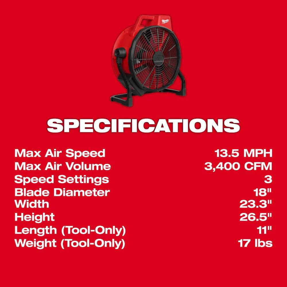 2025 Milwaukee 0821-20 - M18™ Brushless 18" Fan
