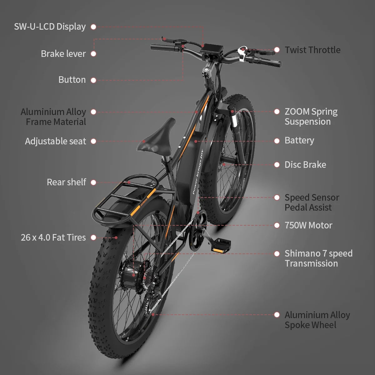 26 In.48V 13Ah 750W Mountain Electric Bikes for Adults Men, 26"x4.0 Fat Tire Electric Bicycle 7 speeds Gear Outdoor Ebikes, Black,S48