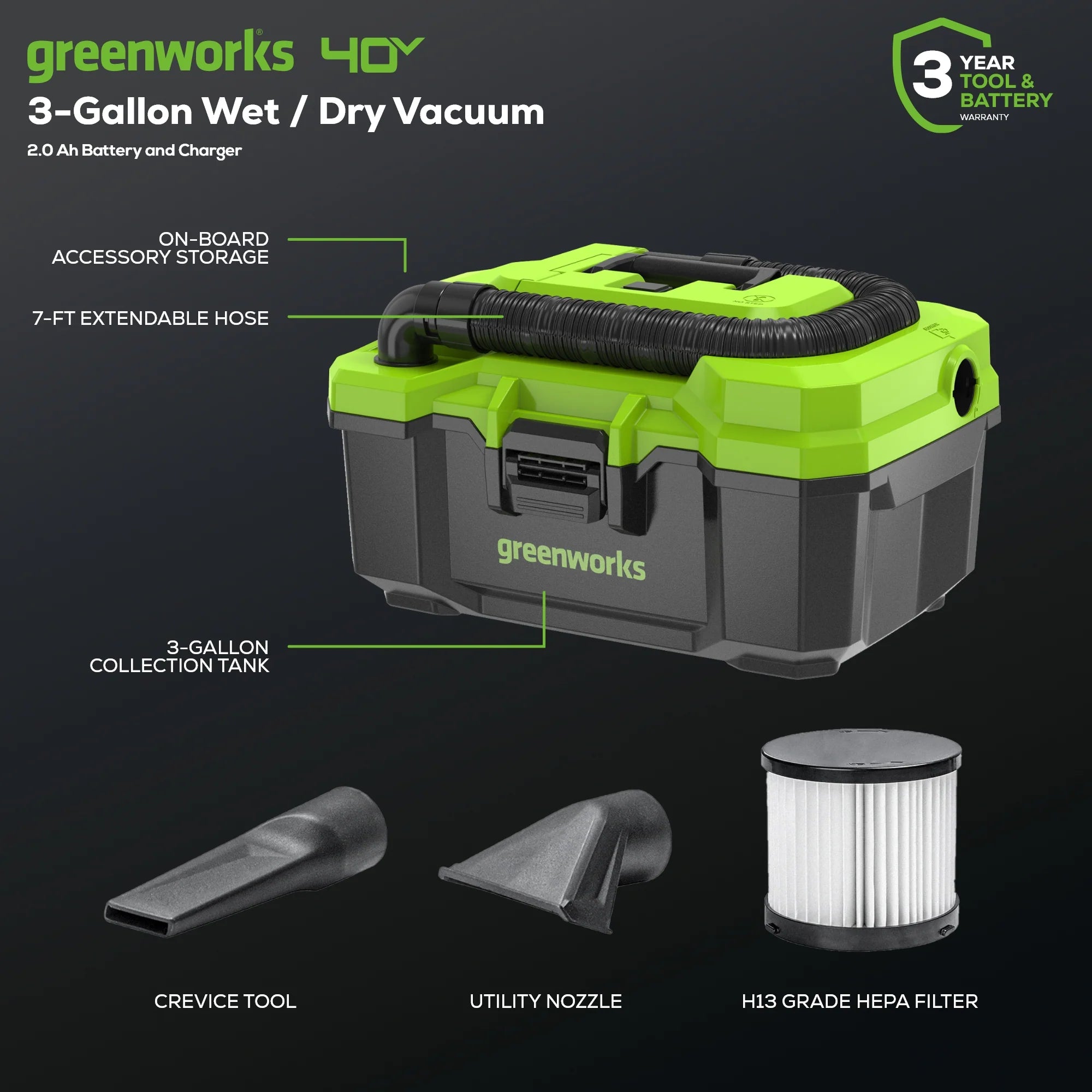 2025 40V 3-Gallon Cordless Battery Wet/Dry Shop Vacuum w/ 2.0Ah Battery & Charger