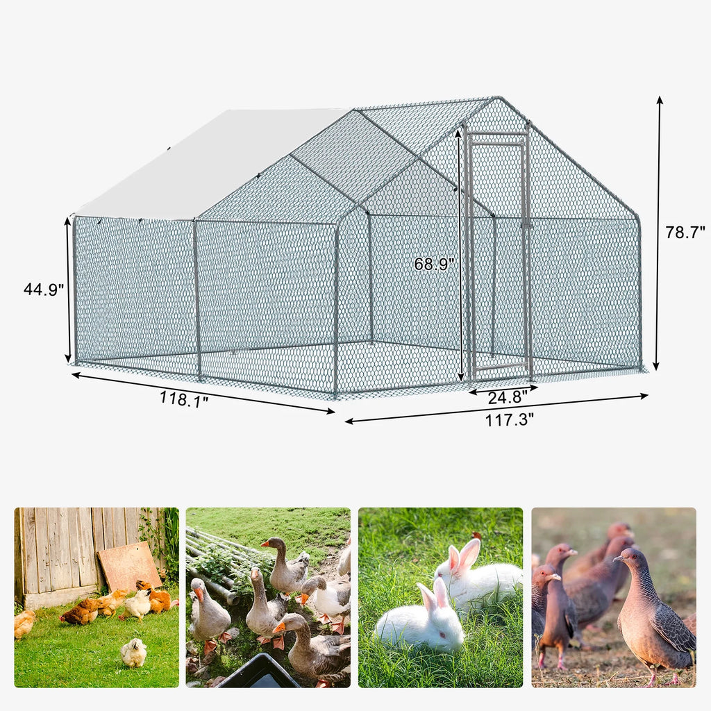 10 x 10 ft Large Metal Chicken Coop, Walk-in Poultry Cage Chicken Hen Run House with Waterproof Cover, Rabbits Cats Dogs Farm Pen for Outdoor Backyard Farm Garden