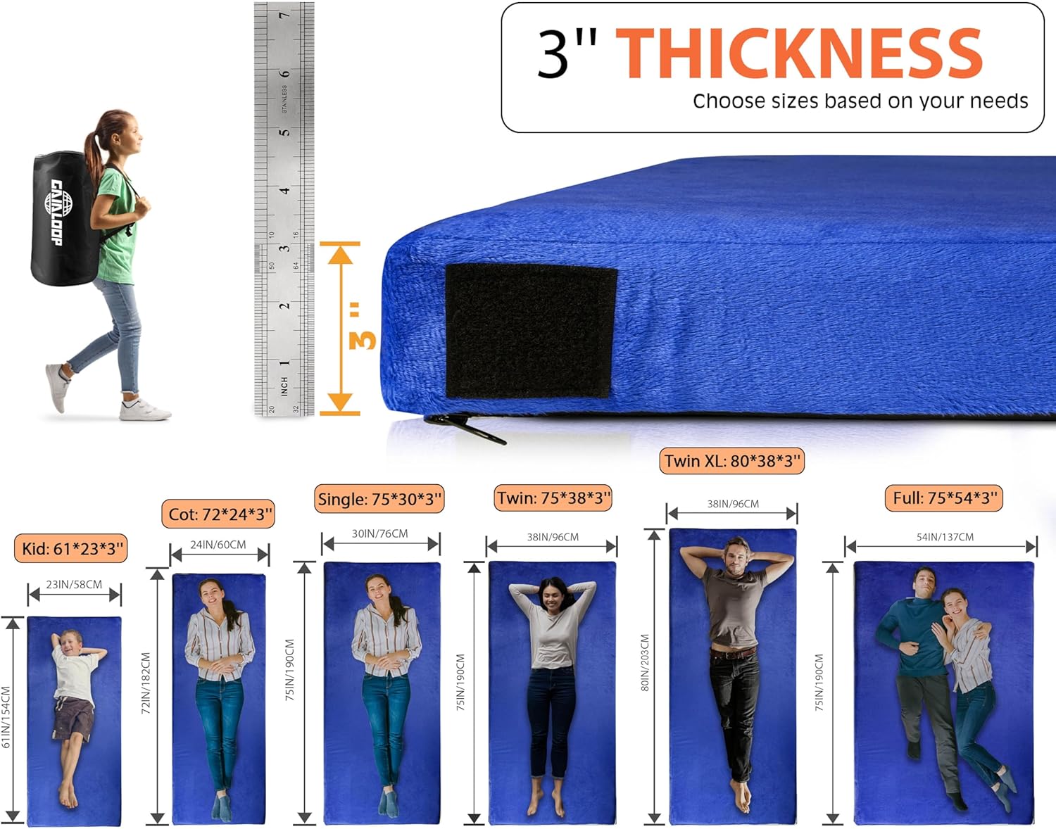 3 INCH Thick Memory Foam Camping Pad Futon Mattress Full, Portable Floor Sleeping Mat Sleepover Guest Bed Roll Up Mattress for Indoor Outdoor Travel