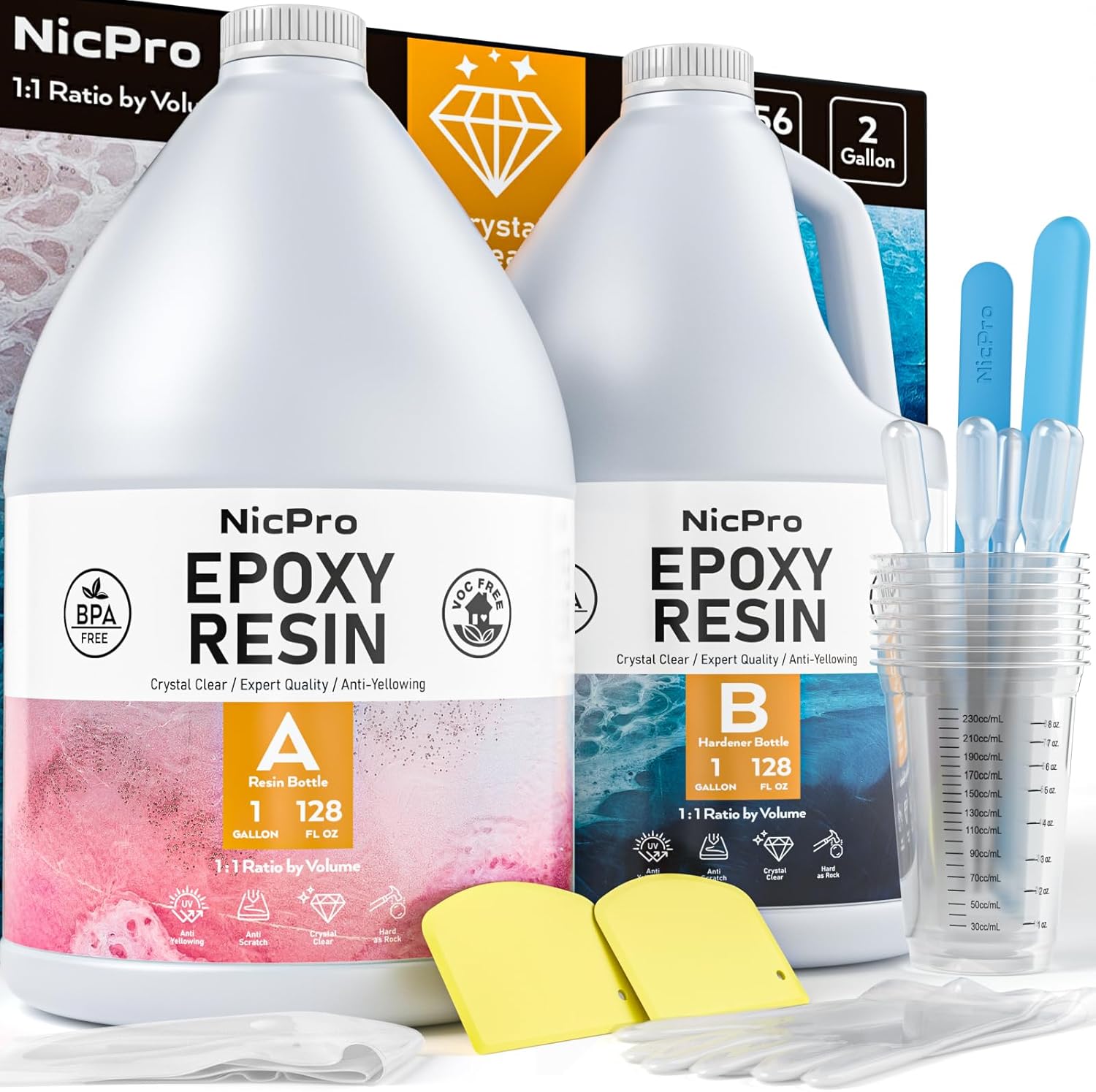 4 Gallon Crystal Clear Epoxy Resin Kit, High Gloss & Bubbles Free Resin Supplies for Coating and Casting, Craft DIY, Wood, Table Top, Bar Top, Molds, River Tables with Cups, Sticks, Gloves