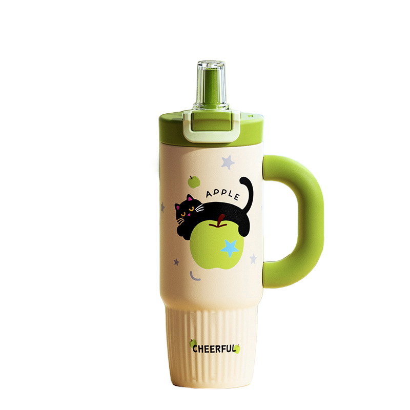 Thermobecher 300oz mit Strohhalm – Apfel-Katze Grün