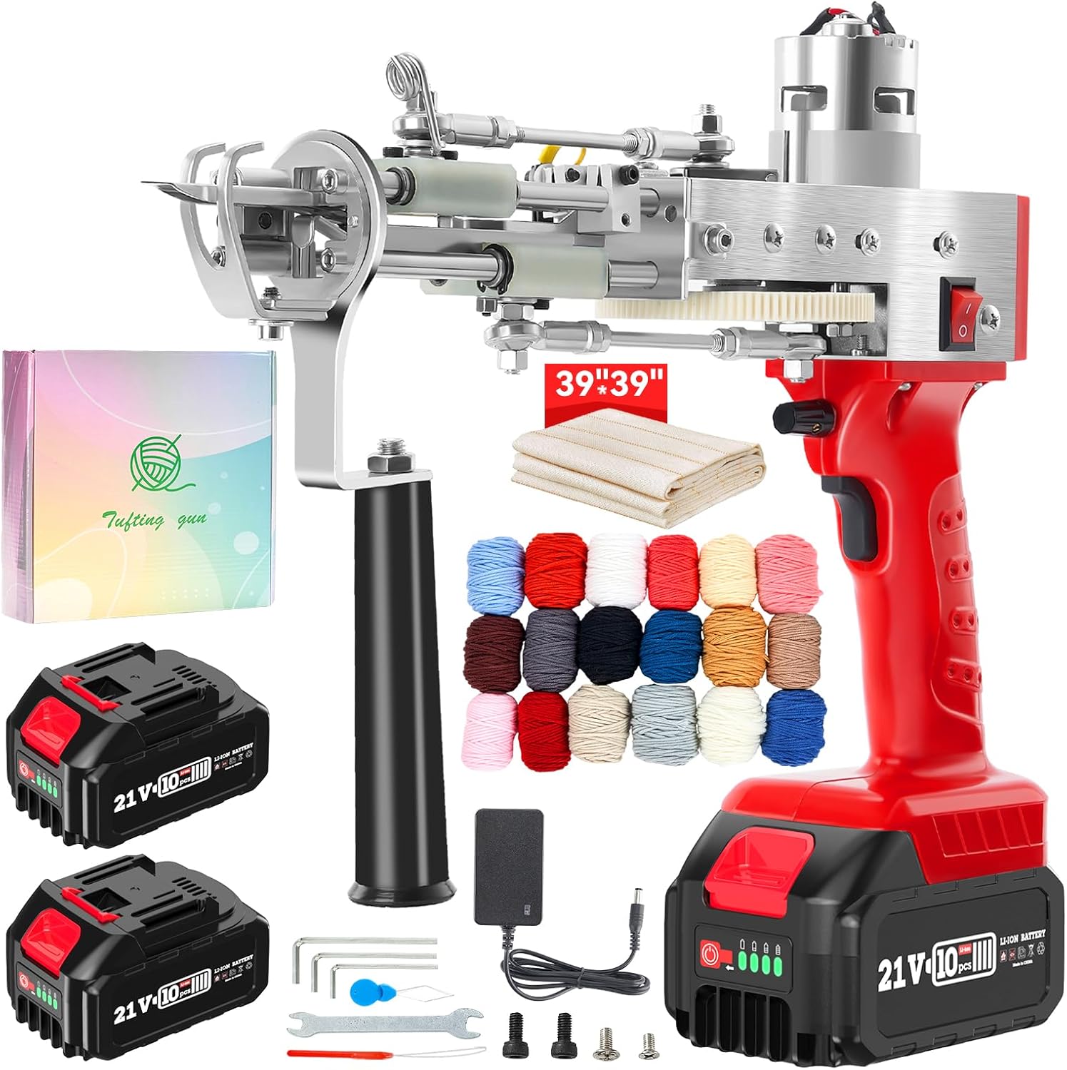 2023-Cordless-Rug-Tufting-Gun-Kit with Carpet Trimmer- Tufting-Gun-Starter-Kit-with 2pcs 4.0Ah Batteries，2 in 1 Cut Loop Pile Tufting Gun with Tufting Shears, Carpet Gun Cloth Yarn（Light Red）