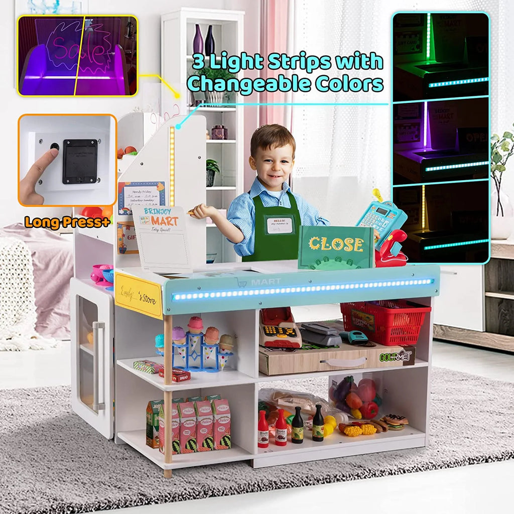 BRINJOY Grocery Store Pretend Play, Kids Play Store Wooden Market Stand with LED Lights&Acrylic Sheet, Supermarket Toy Includes Shopping Bag, Apron, Coupons, Cards for Children