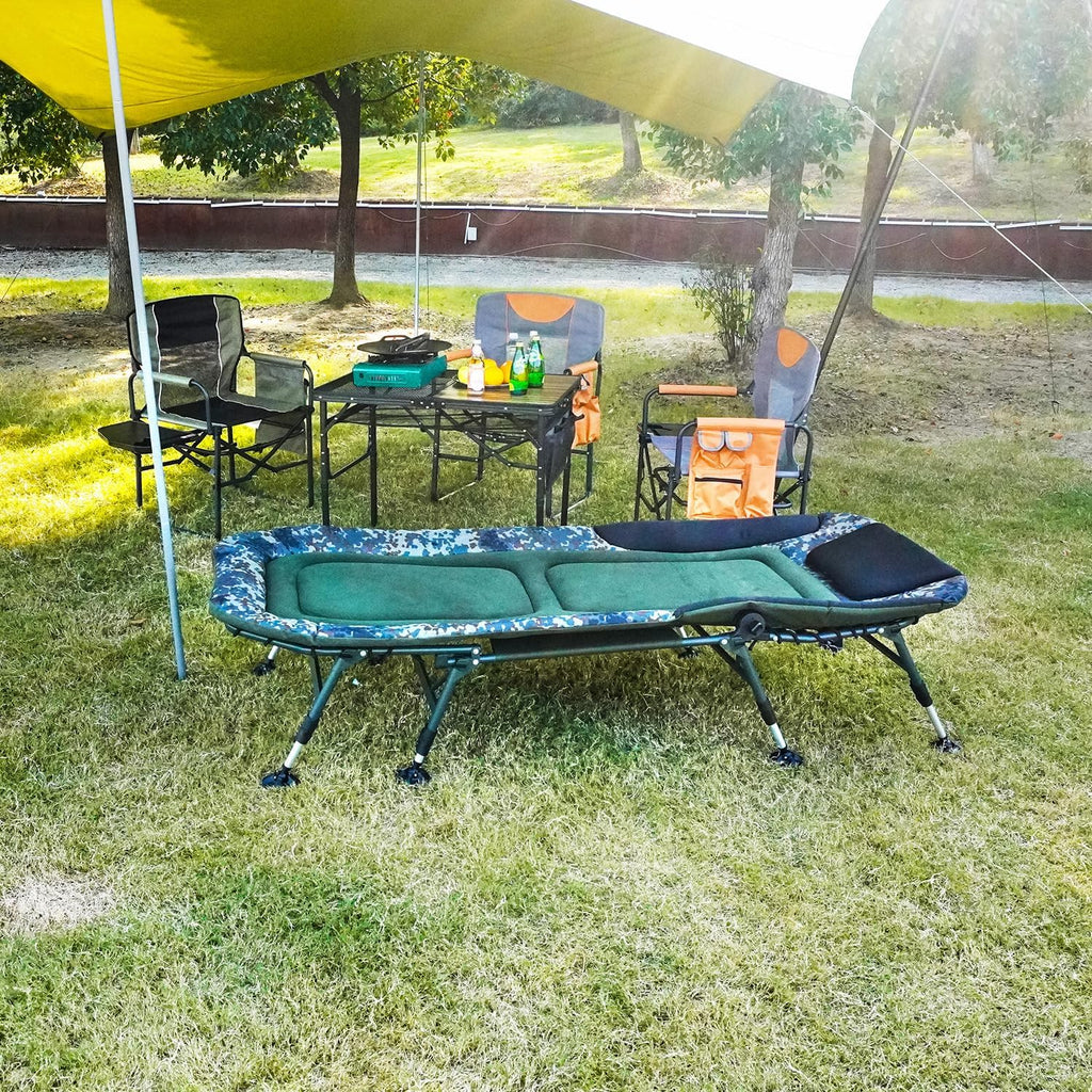 Camping Cots for Adults 330Lbs with Carry Bag, Heavy Duty Folding Bed with Soft Padded Cushion, Portable Military Cot for Hunting, 180° Adjustable Reclining Outdoor Lounger