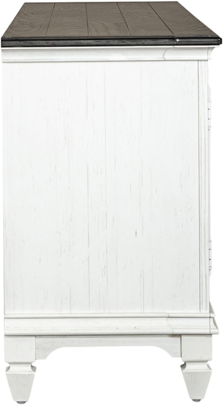 72-Inch Rustic White TV Stand with Charcoal Tops – Entertainment Center with Beveled Glass Doors, Adjustable Shelving & Wire Management