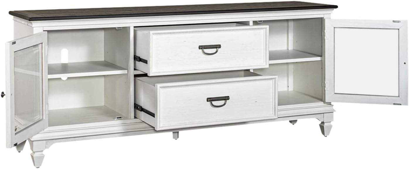 72-Inch Rustic White TV Stand with Charcoal Tops – Entertainment Center with Beveled Glass Doors, Adjustable Shelving & Wire Management