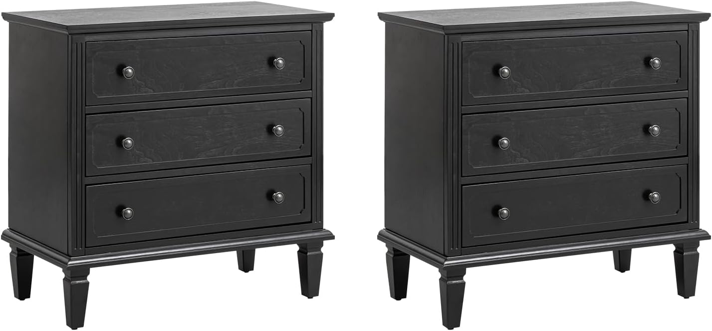 3-Drawer Nightstand Set of 2 with Charging Station – Mid-Century Modern Bedside Tables, Black Finish