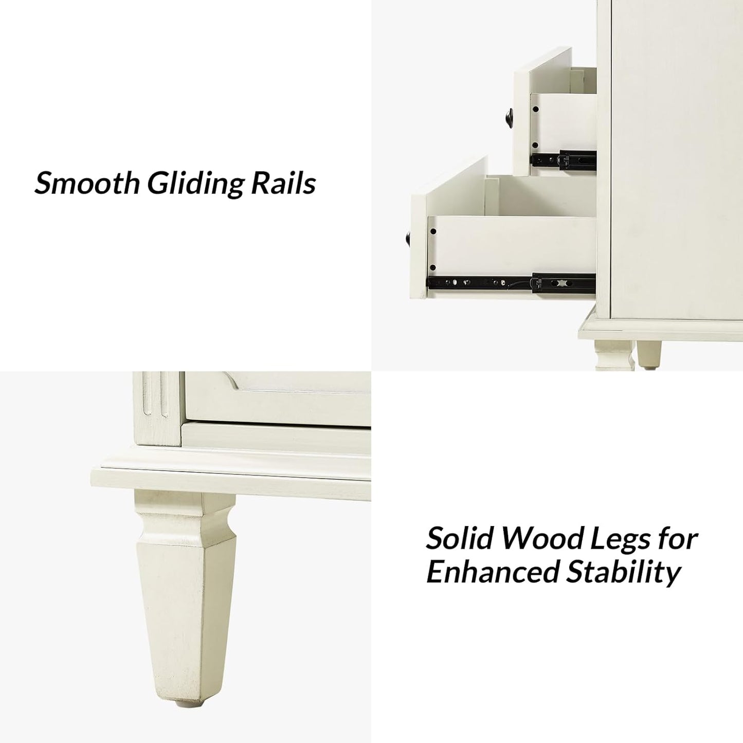 Farmhouse Nightstand Set of 2 with Charging Station – 2-Drawer Bedside Tables with Open Shelf, White Finish