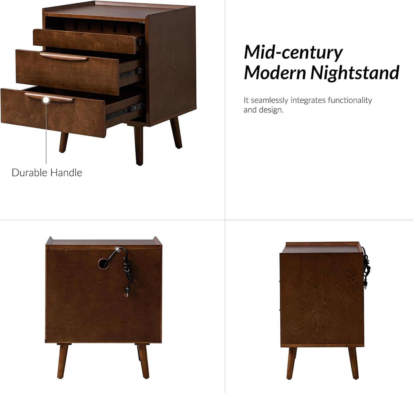 Mid-Century Modern Nightstand Set of 2 with Charging Station – 2-Drawer Wood Bedside Tables with Pull-Out Shelf, Walnut Finish