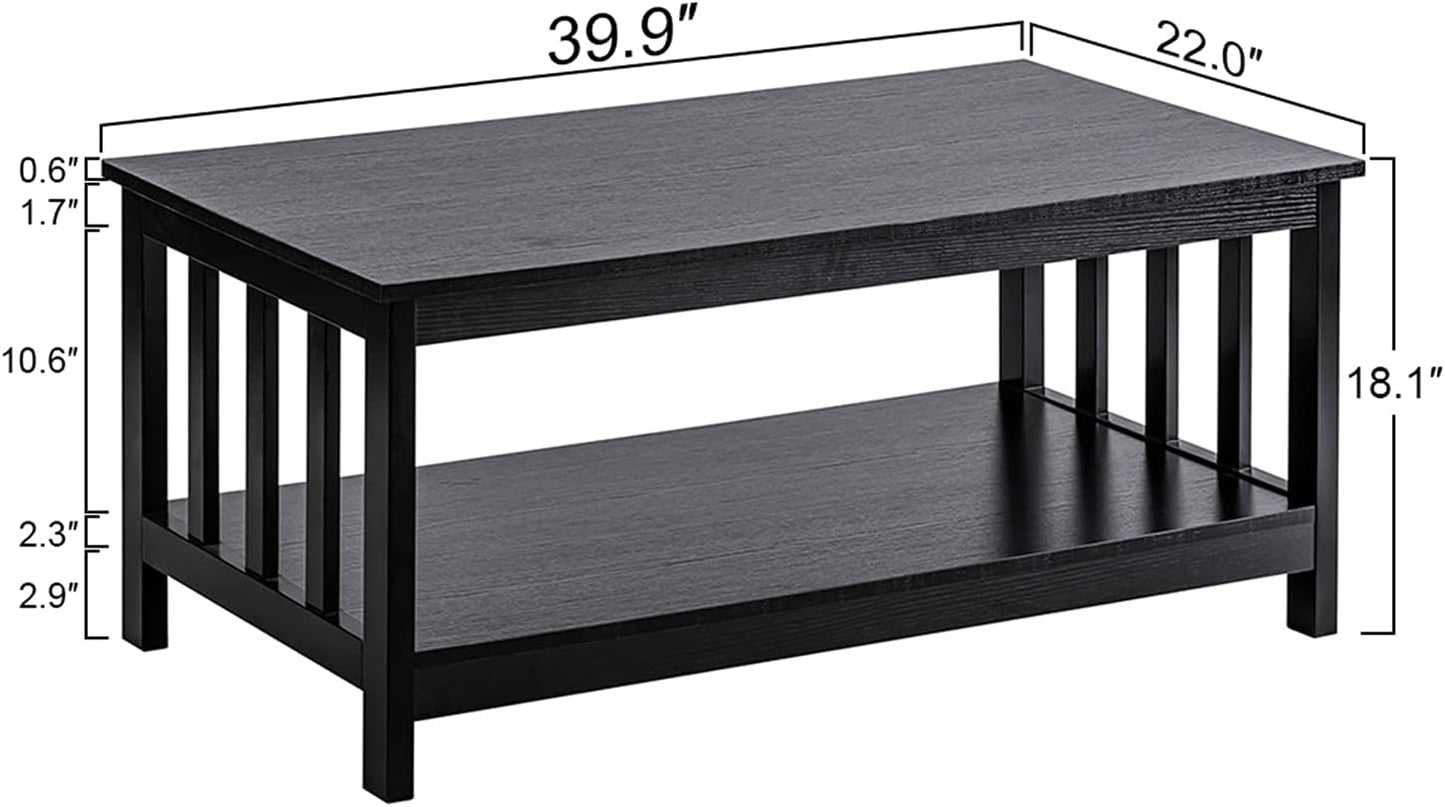 Mission Coffee Table with Shelf – Black Wood, 40-Inch