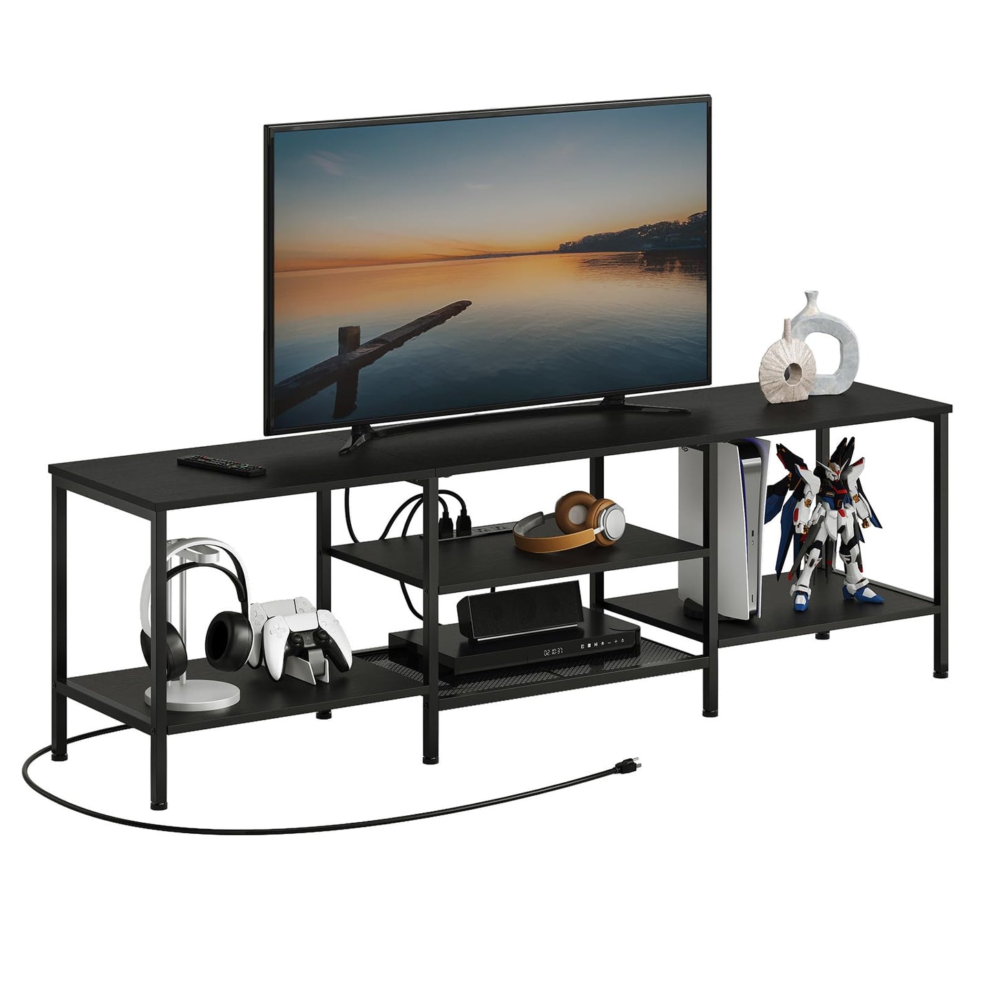 Industrial TV Console for TVs up to 65 Inches – Media Storage Table with Power Outlets & Open Shelves, Rustic Brown and Black