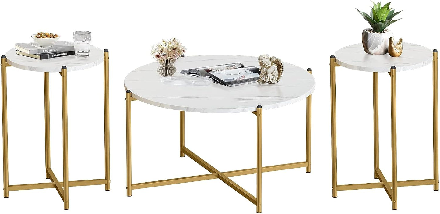 3-Piece Round Coffee Table Set with Faux Marble Top & Gold Metal Base – 1 Coffee Table + 2 Side Tables, Modern Living Room Accent Set, White & Gold