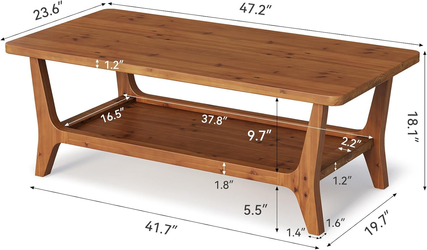47-Inch Solid Wood Coffee Table with Shelf – 2-Tier Center Table for Living Room, Brown