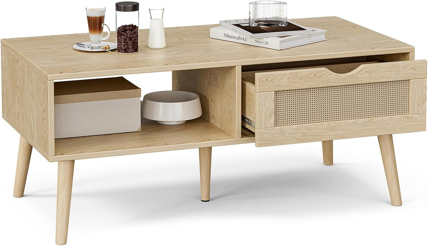 Boho Coffee Table with Rattan Drawer and Solid Wood Legs – Oak Finish