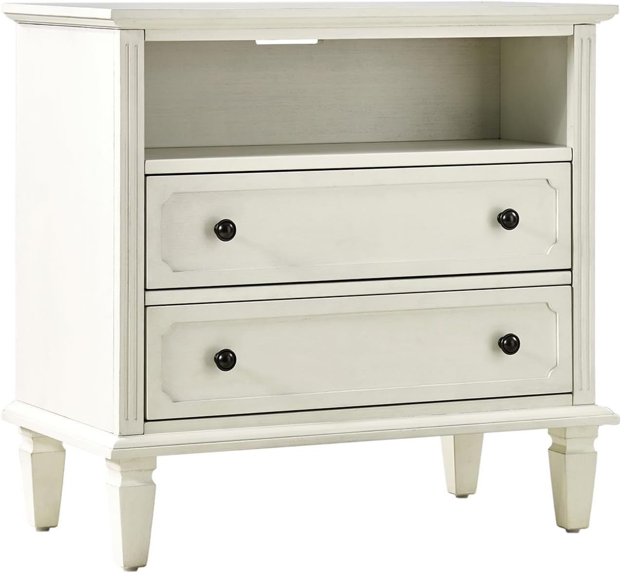 Farmhouse Nightstand Set of 2 with Charging Station – 2-Drawer Bedside Tables with Open Shelf, White Finish