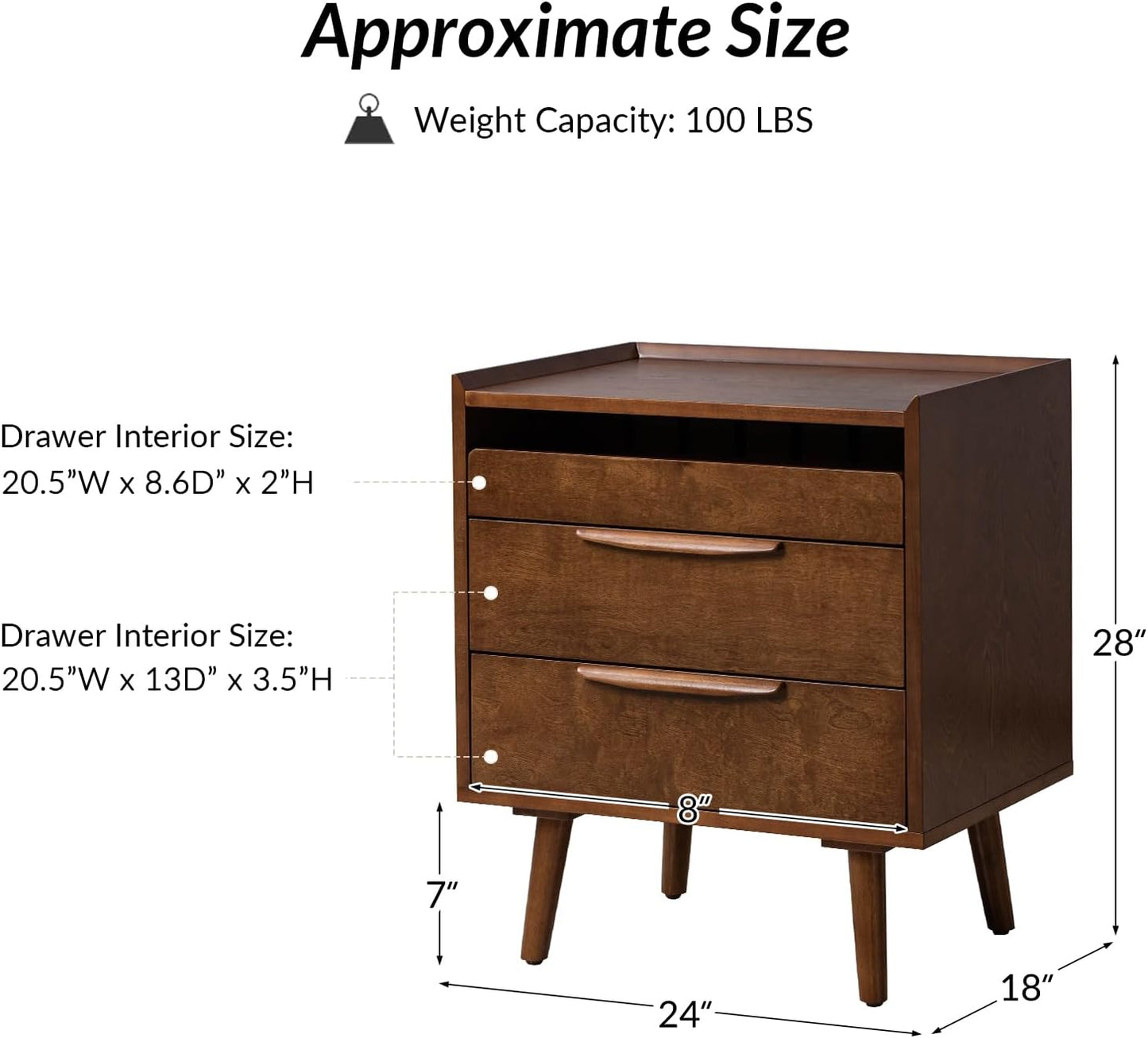 Mid-Century Modern Nightstand Set of 2 with Charging Station – 2-Drawer Wood Bedside Tables with Pull-Out Shelf, Walnut Finish