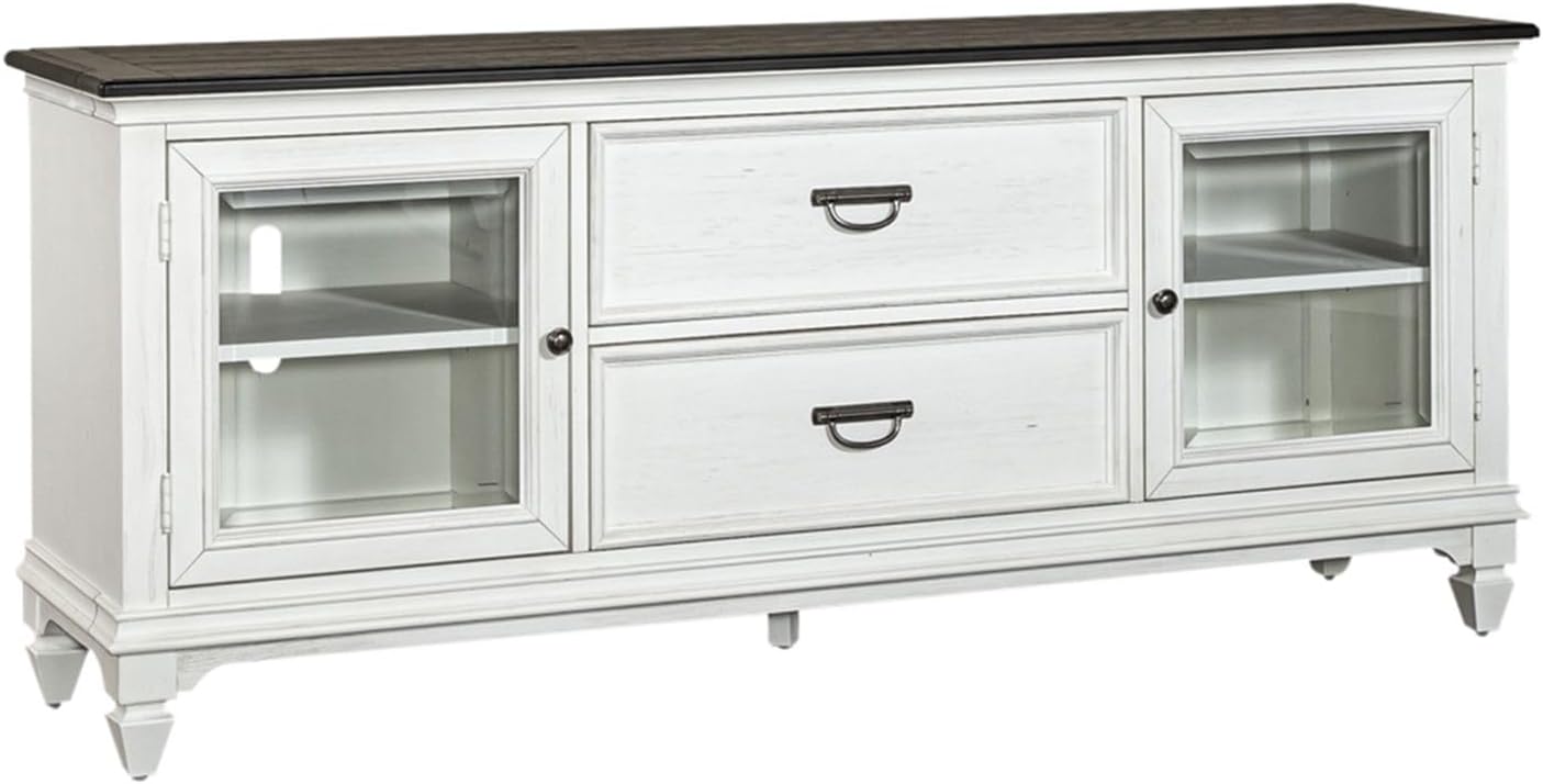 72-Inch Rustic White TV Stand with Charcoal Tops – Entertainment Center with Beveled Glass Doors, Adjustable Shelving & Wire Management
