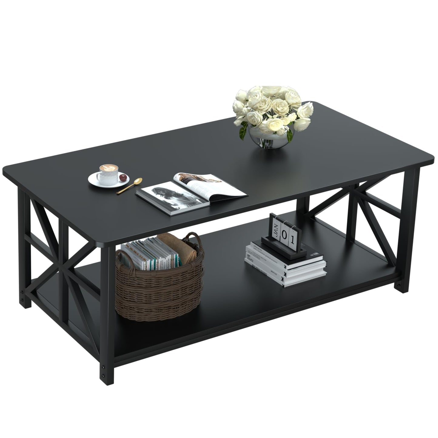 Farmhouse Coffee Table with Round Corners, Storage Shelf & Metal Frame, Gray Wash, 39"