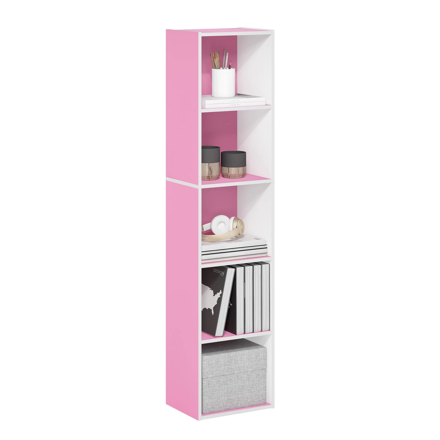 5-Cube Bookshelf, Reversible Bookcase – White Finish Dimensions: 9.4" D x 19.5" W x 31.5" H