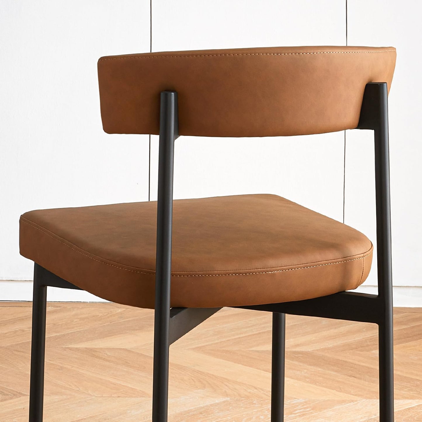 Set of 4 Brown Faux Leather Dining Chairs – Armless Upholstered Kitchen & Dining Chairs with Curved Backrest