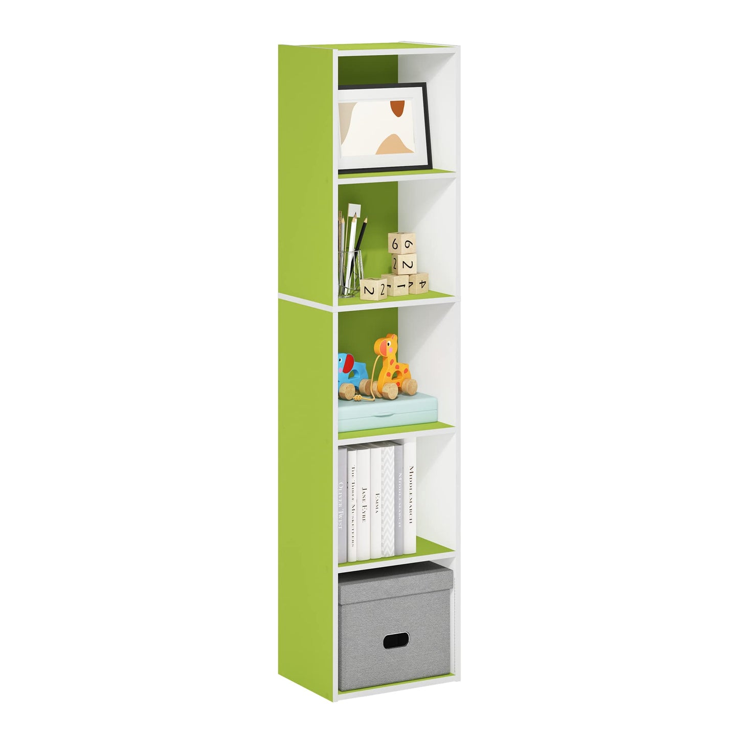 5-Cube Bookshelf, Reversible Bookcase – White Finish Dimensions: 9.4" D x 19.5" W x 31.5" H